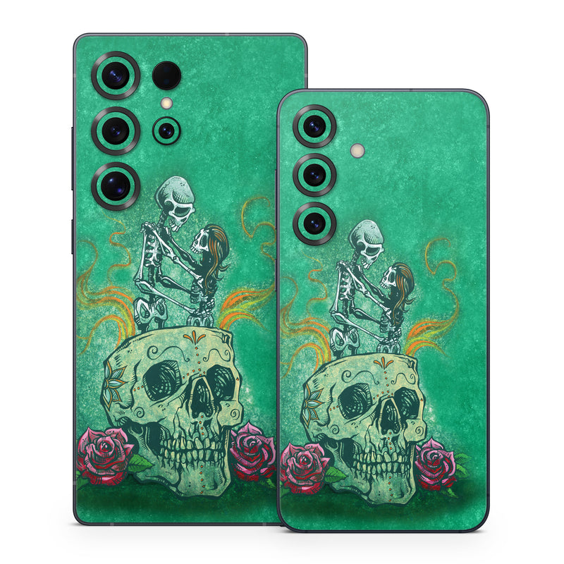 Samsung Galaxy S25 Series Skin design of Bone, Skull, Aqua, Pattern, Electric blue, Fashion accessory, Font, Fictional character, Art, Grass, with green, pink, red, yellow, orange, white, gray colors