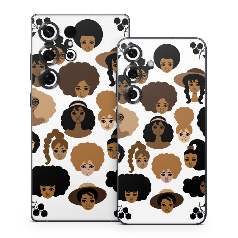 Samsung Galaxy S25 Series Skin design of Hair, People, Facial expression, Hairstyle, Cartoon, Head, Afro, Clip art, Font, Black hair, with black, brown, white colors