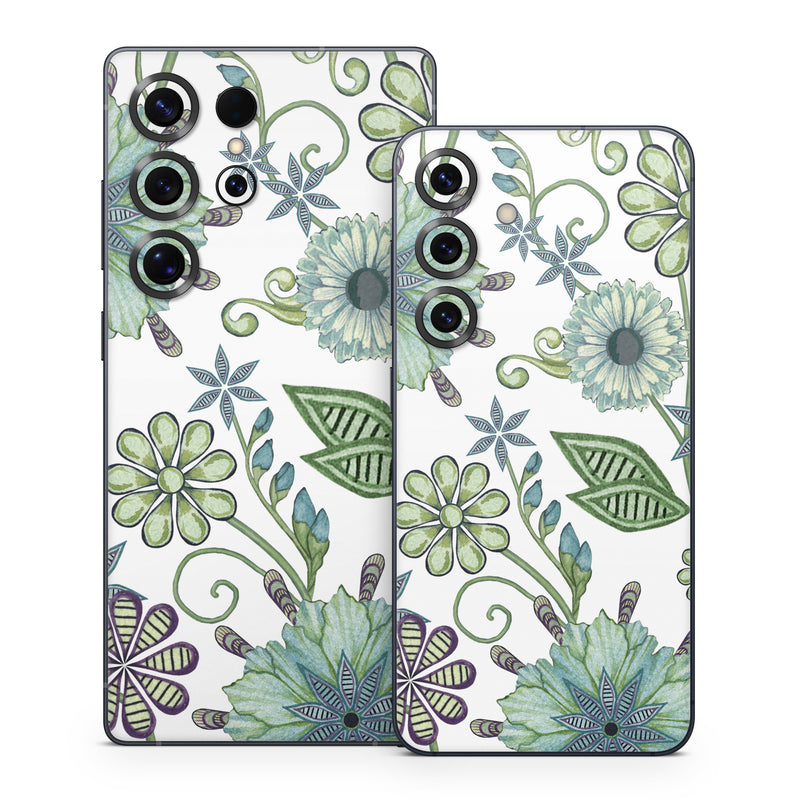 Samsung Galaxy S25 Series Skin design of Green, Pattern, Flower, Botany, Plant, Leaf, Design, Wildflower, with white, green, blue colors