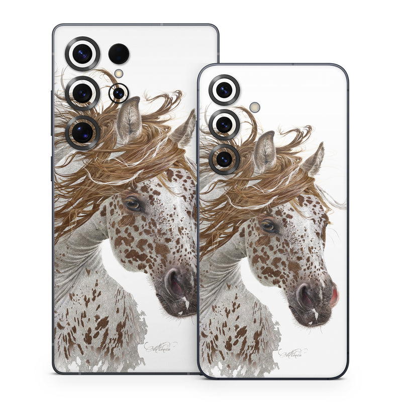 Samsung Galaxy S25 Series Skin design of Horse, Mane, Mustang horse, Illustration, Snout, Animal figure, Drawing, Stallion, Liver, Mare, with white, brown colors