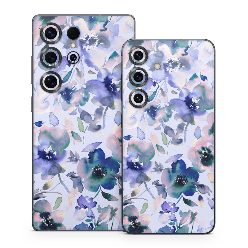 Samsung Galaxy S25 Series Skin design of Blue, Flower, Petal, Pink, Purple, Wildflower, Watercolor painting, Floral design, Lobelias, Borages, with white, purple, black, pink, green colors