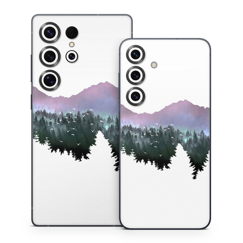Samsung Galaxy S25 Series Skin design of Nature, Mountainous landforms, Mountain, Atmospheric phenomenon, Tree, Wilderness, Sky, Mountain range, Forest, Hill, with white, black, purple, blue, green colors
