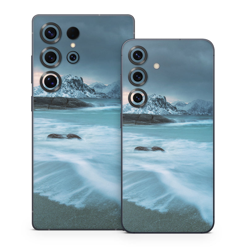 Samsung Galaxy S25 Series Skin design of Body of water, Sky, Nature, Sea, Ocean, Wave, Blue, Water, Coast, Wind wave, with white, blue, black, orange colors