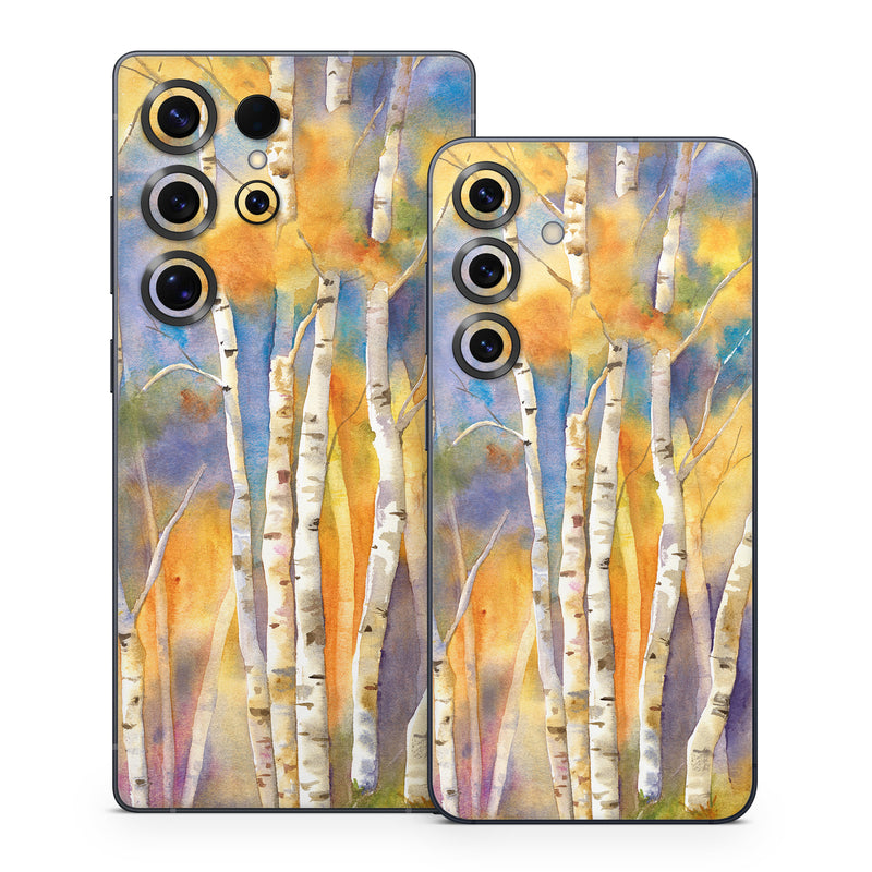 Samsung Galaxy S25 Series Skin design of Canoe birch, Watercolor paint, Tree, Birch, Woody plant, Painting, Plant, Birch family, Paint, Trunk, with orange, yellow, green, white, purple, blue colors