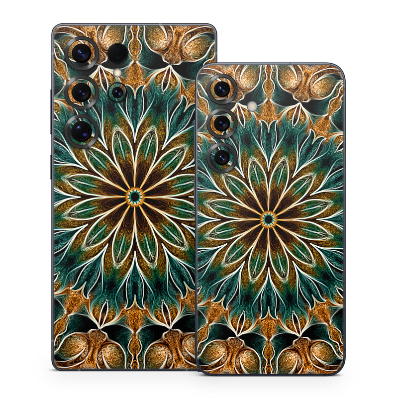 Samsung Galaxy S25 Series Skin design of Pattern, Symmetry, Textile, Art, Psychedelic art, Tapestry, Design, Visual arts, Kaleidoscope, Motif, with green, orange, yellow, brown, red colors