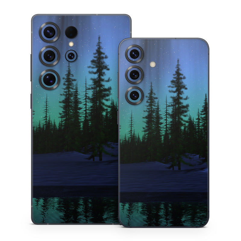 Samsung Galaxy S25 Series Skin design of Aurora, Nature, Sky, shortleaf black spruce, Natural landscape, Tree, Wilderness, Natural environment, Biome, Spruce-fir forest, with blue, purple, green, black colors