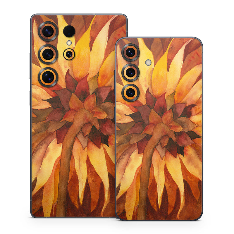 Samsung Galaxy S25 Series Skin design of Sunflower, Flower, sunflower, Yellow, Painting, Plant, Petal, Still life photography, Flowering plant, Still life, with yellow, brown, orange colors