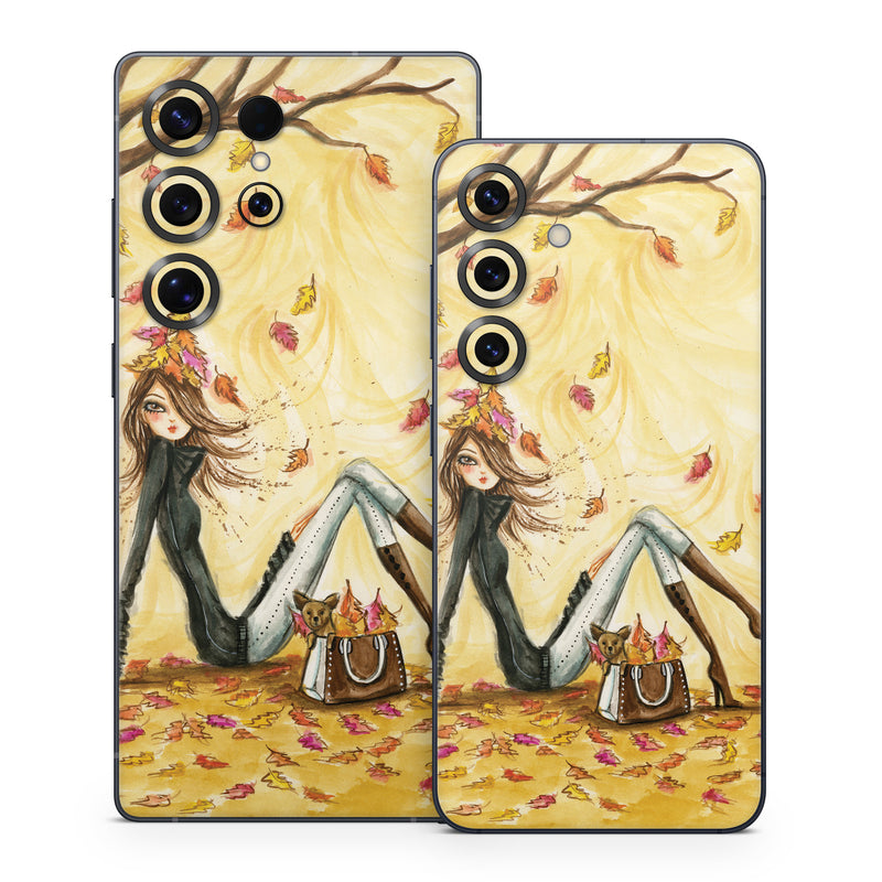 Samsung Galaxy S25 Series Skin design of Painting, Watercolor paint, Tree, Art, Illustration, Plant, Modern art, Visual arts, Still life, Fictional character, with yellow, red, brown, orange, black, white colors