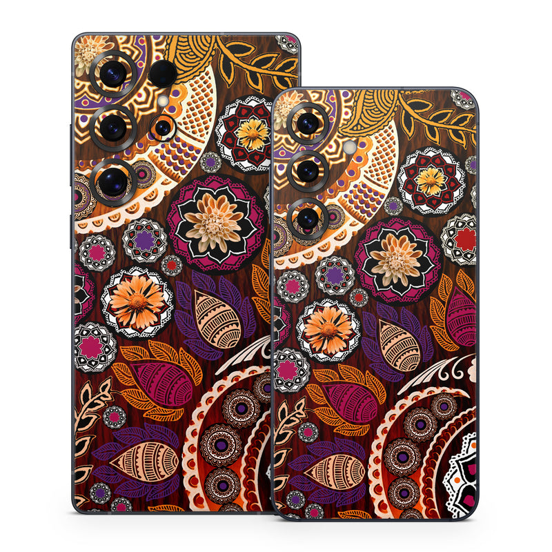 Samsung Galaxy S25 Series Skin design of Pattern, Motif, Visual arts, Design, Art, Floral design, Textile, Paisley, Tapestry, Circle, with brown, purple, red, white, black colors