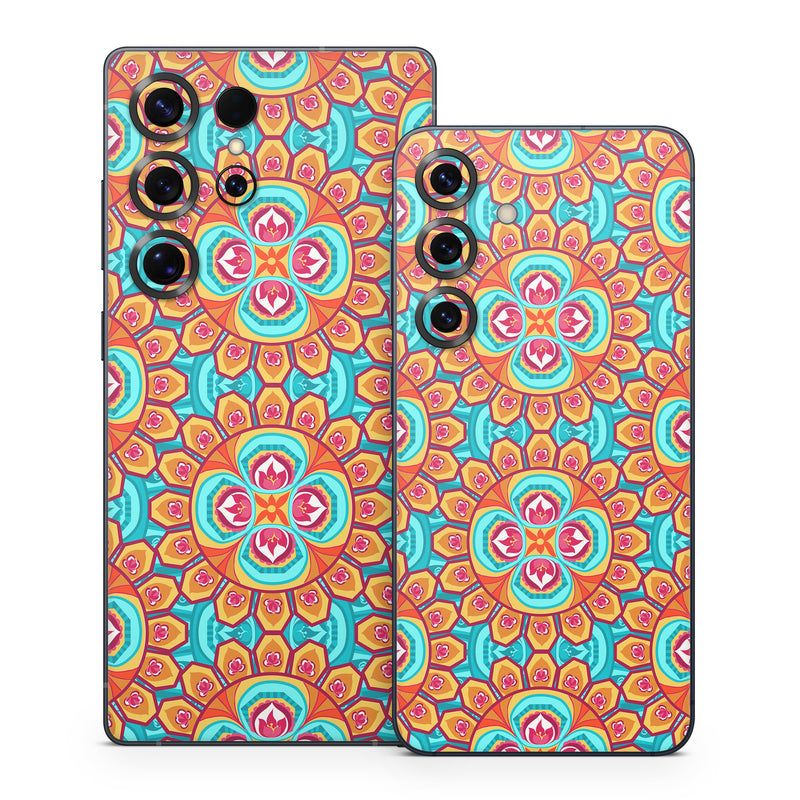Samsung Galaxy S25 Series Skin design of Pattern, Orange, Design, Textile, Wrapping paper, Visual arts, Motif, Circle, Art, with blue, orange, red, yellow colors