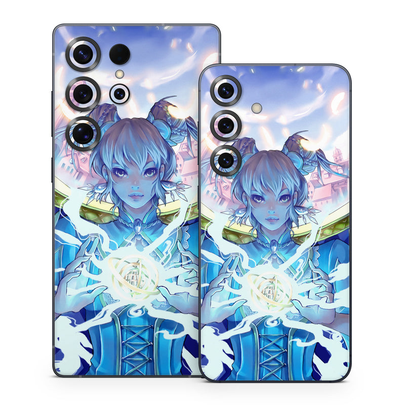 Samsung Galaxy S25 Series Skin design of Cg artwork, Anime, Cartoon, Sky, Long hair, Illustration, Fictional character, Black hair, Art, with blue, purple, pink, white, yellow colors