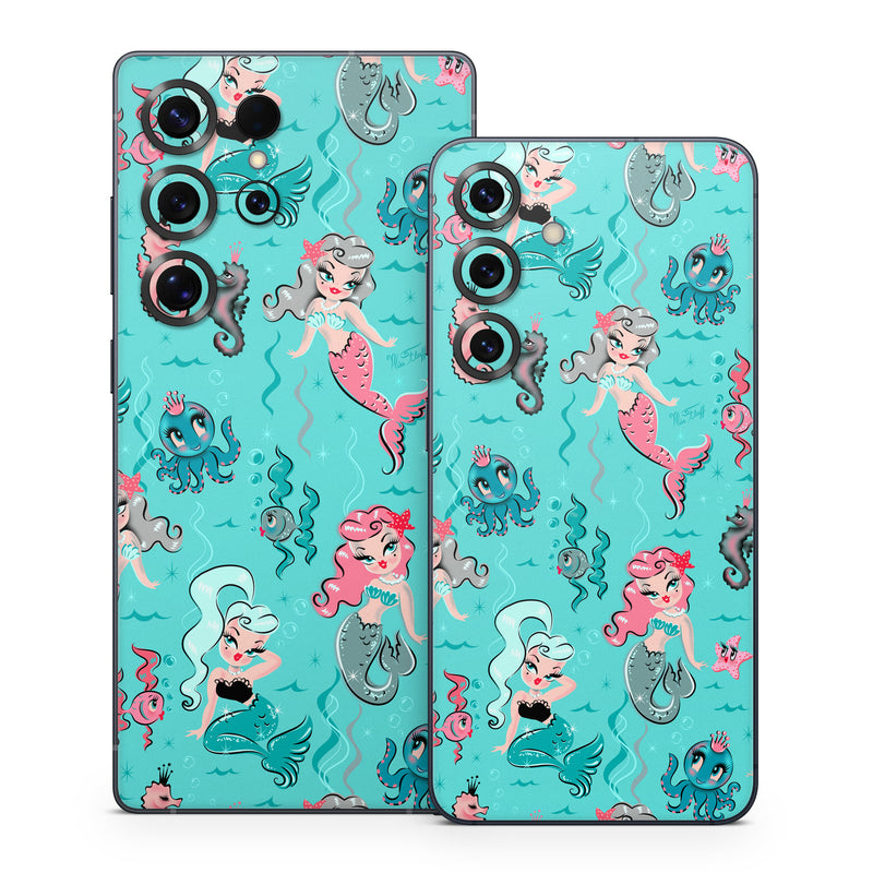 Samsung Galaxy S25 Series Skin design of Turquoise, Wrapping paper, Cartoon, Pattern, Textile, Aqua, Design, Gift wrapping, Illustration, Fictional character, with blue, pink, yellow, gray colors