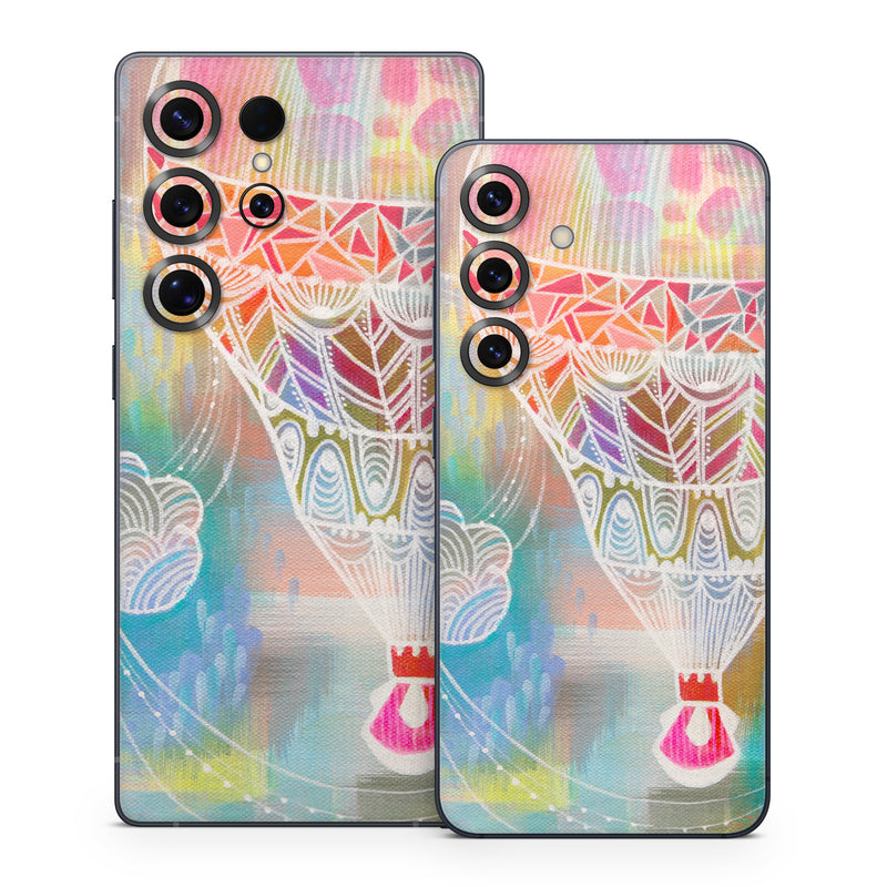 Samsung Galaxy S25 Series Skin design of Hot air balloon, Balloon, Illustration, Pattern, Vehicle, Aerostat, Hot air ballooning, Graphic design, Art, with blue, red, yellow, pink, white colors