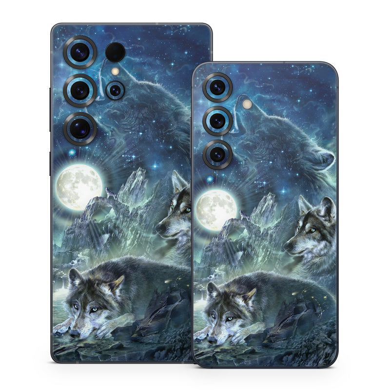 Samsung Galaxy S25 Series Skin design of Cg artwork, Fictional character, Darkness, Werewolf, Illustration, Wolf, Mythical creature, Graphic design, Dragon, Mythology, with black, blue, gray, white colors