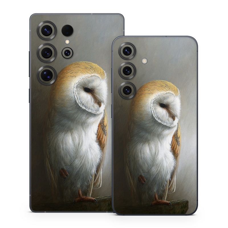 Samsung Galaxy S25 Series Skin design of Barn owl, Owl, Bird, Bird of prey, Beak, Wildlife, with yellow, white, orange, brown colors