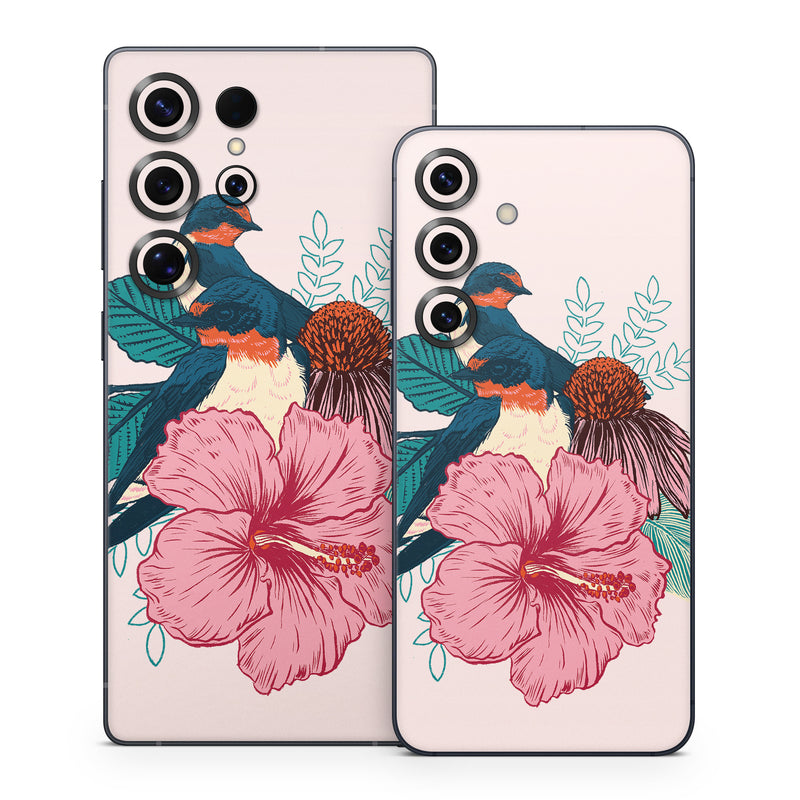 Samsung Galaxy S25 Series Skin design of Bird, Hawaiian hibiscus, Hibiscus, Illustration, Chinese hibiscus, Botany, Flower, Plant, Malvales, Mallow family, with blue, pink, green, yellow, red colors