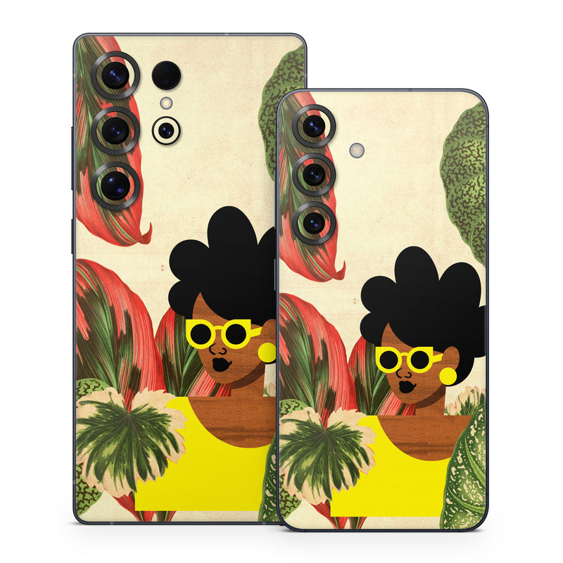Samsung Galaxy S25 Series Skin design of Illustration, Plant, Botany, Organism, Leaf, Art, Animation, Grass, Flower, Perennial plant, with green, black, brown, yellow, red colors