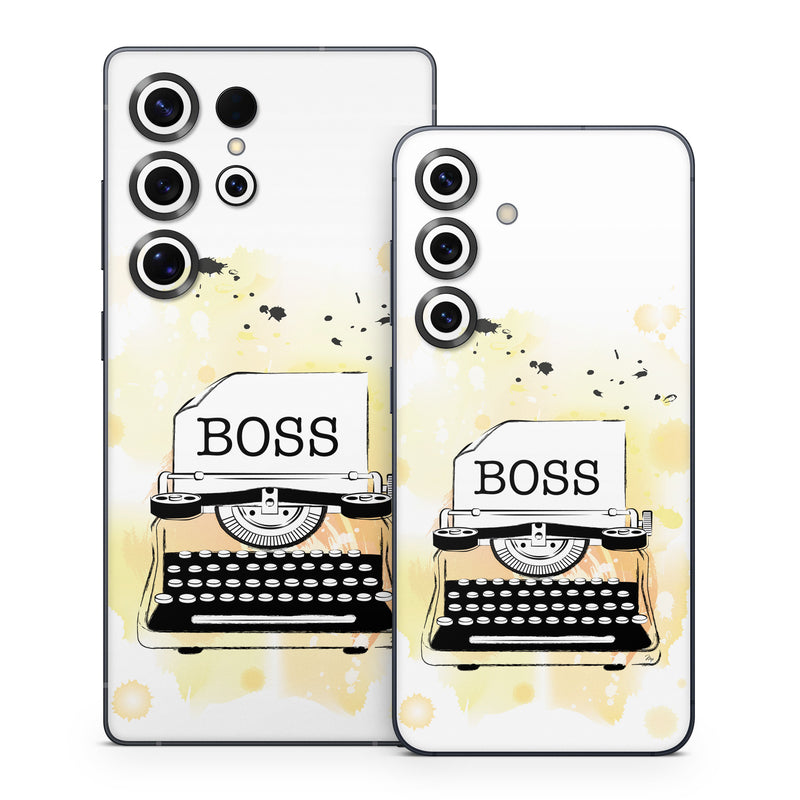 Samsung Galaxy S25 Series Skin design of Font, Office equipment, Art, Typewriter, Illustration, Graphics, Painting, Eyelash, Logo, Line art, with white, black, yellow, orange colors