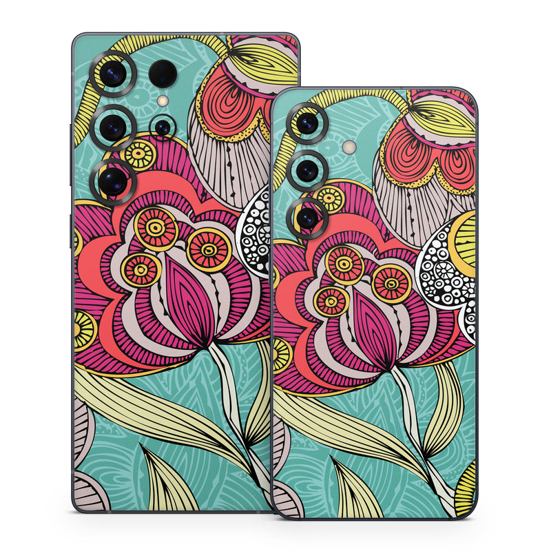 Samsung Galaxy S25 Series Skin design of Pattern, Visual arts, Motif, Floral design, Design, Art, Plant, Flower, Organism, Textile, with red, yellow, blue, gray, pink colors