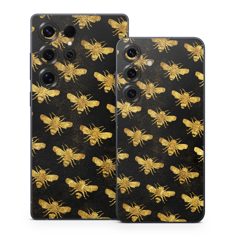 Samsung Galaxy S25 Series Skin design of Pattern, Yellow, Flower, Design, Plant, Wildflower, Textile, Metal, with black, yellow colors