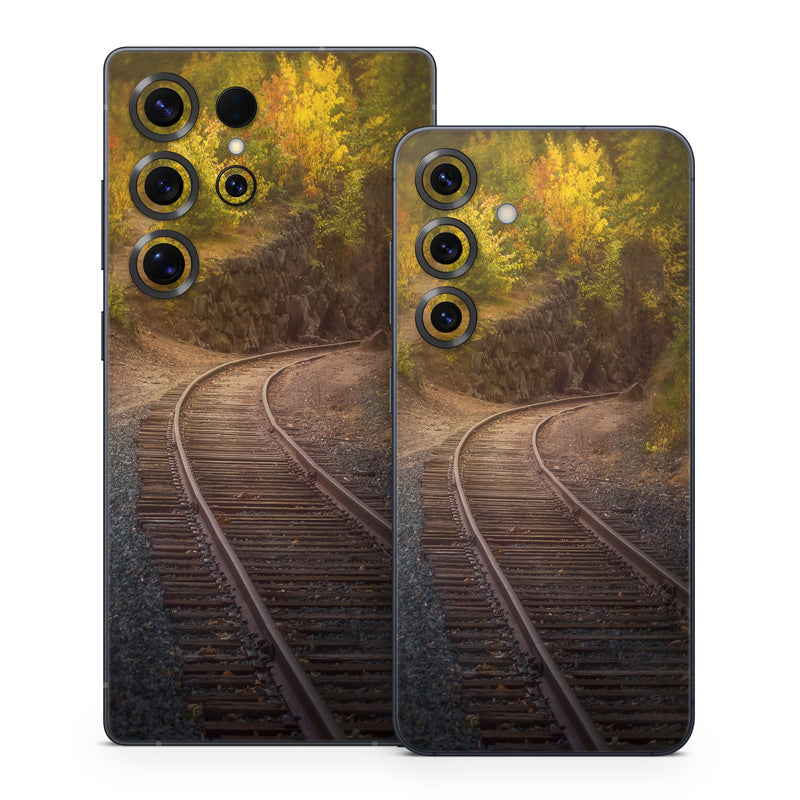 Samsung Galaxy S25 Series Skin design of Plant, Wood, Branch, Natural landscape, Road surface, Track, Grass, Tree, Thoroughfare, Twig, with brown, gray, yellow, orange, green, red colors