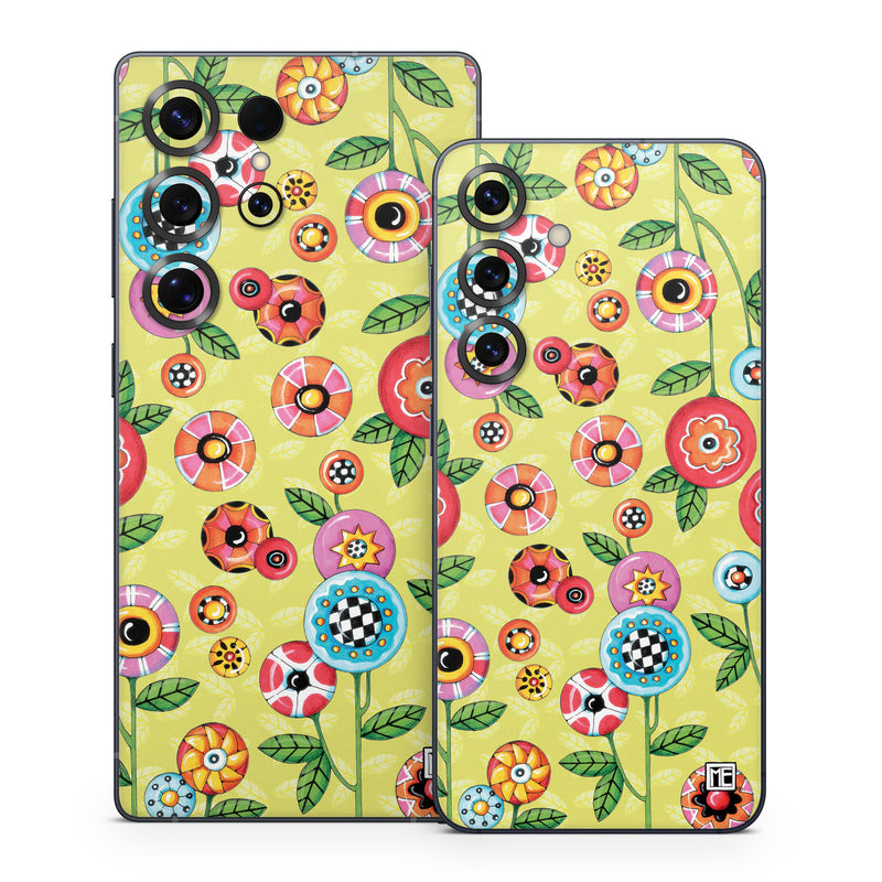 Samsung Galaxy S25 Series Skin design of Wrapping paper, Pattern, Textile, Design, Visual arts, Wildflower, Art, Plant, Child art, Flower, with green, blue, red, yellow, orange, pink colors