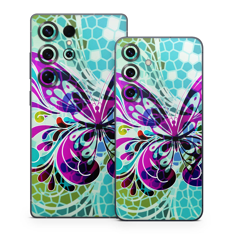 Samsung Galaxy S25 Series Skin design of Butterfly, Pattern, Insect, Moths and butterflies, Purple, Graphic design, Design, Pollinator, Visual arts, Magenta, with blue, green, purple colors
