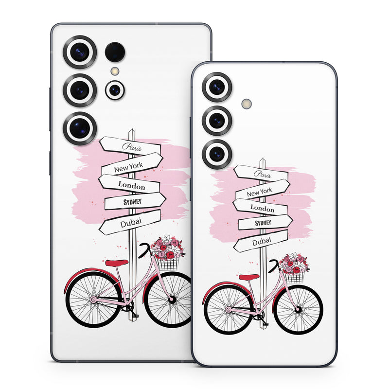 Samsung Galaxy S25 Series Skin design of Bicycle, Wheel, Bicycles--Equipment and supplies, Tire, Bicycle tire, Bicycle frame, Bicycle wheel, Bicycle wheel rim, Vehicle, Bicycle fork, with white, black, red, pink colors