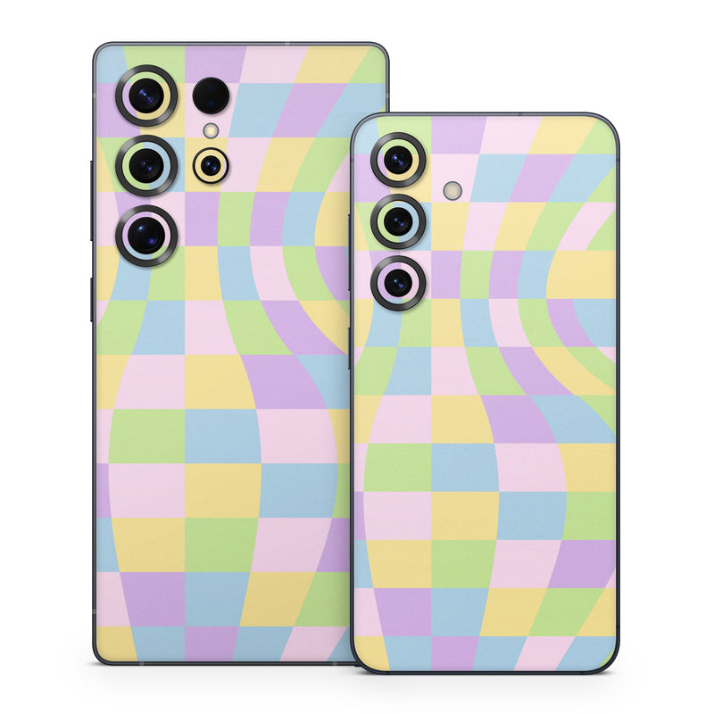 Samsung Galaxy S25 Series Skin design of Rectangle, Azure, Textile, Art, Painting, Violet, Pink, Font, Aqua, Material property, with pink, yellow, purple, blue, green colors