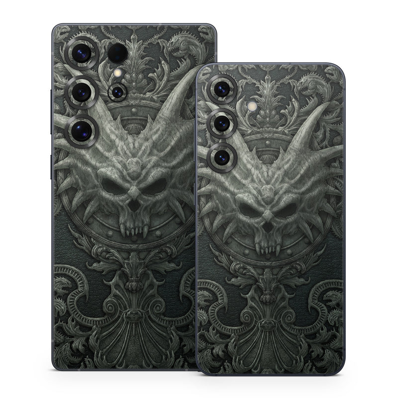 Samsung Galaxy S25 Series Skin design of Demon, Dragon, Fictional character, Illustration, Supernatural creature, Drawing, Symmetry, Art, Mythology, Mythical creature, with black, gray colors