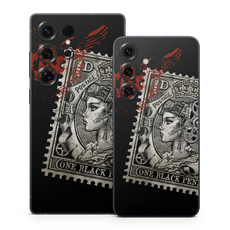 Samsung Galaxy S25 Series Skin design of Font, Postage stamp, Illustration, Drawing, Art, with black, gray, red colors