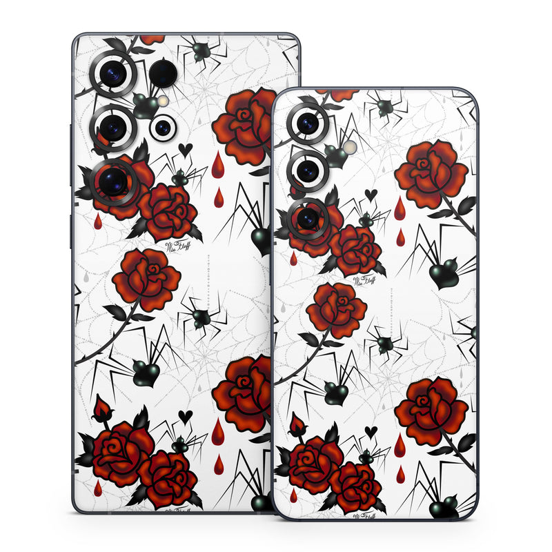 Samsung Galaxy S25 Series Skin design of Red, Pattern, Flower, Plant, Design, Floral design, Petal, Coquelicot, Wildflower, Rose, with black, white, red colors