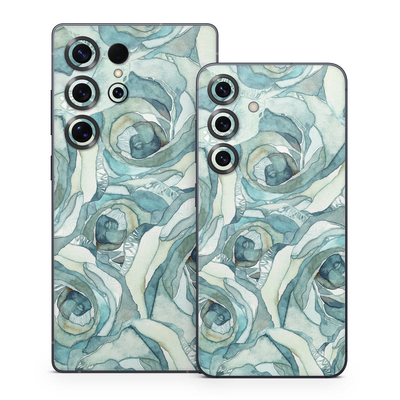 Samsung Galaxy S25 Series Skin design of Rose, Garden roses, Blue, Flower, Rose family, Watercolor paint, Plant, Pattern, Rosa × centifolia, Blue rose, with blue, green colors