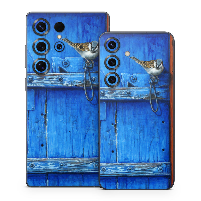 Samsung Galaxy S25 Series Skin design of Blue, Wood, Door handle, Door, Wall, Door knocker, Electric blue, Still life photography, Window, Handle, with red, blue, brown colors