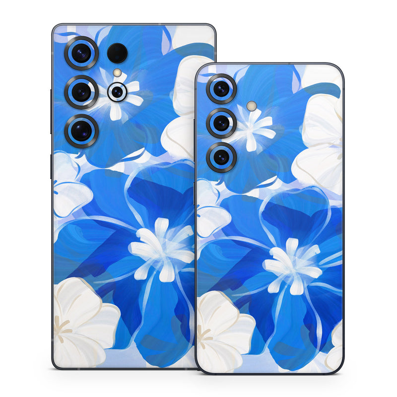 Samsung Galaxy S25 Series Skin design of Blue, Flower, Petal, Creative arts, Graphics, Floral design, Watercolor painting, Modern art, Hydrangea, Malvales, with blue, white colors