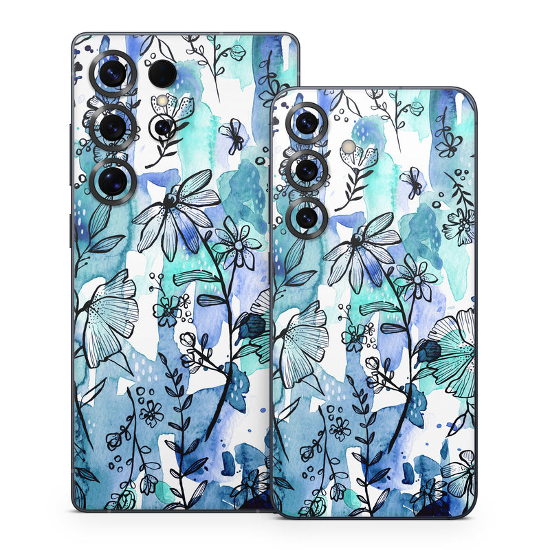 Samsung Galaxy S25 Series Skin design of Blue, Pattern, Turquoise, Aqua, Design, Textile, Wildflower, Plant, Wrapping paper, Gift wrapping, with blue, white, black, purple colors