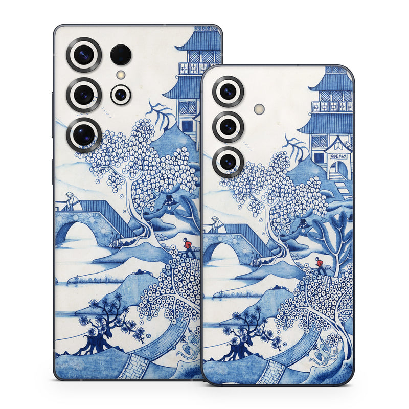 Samsung Galaxy S25 Series Skin design of Blue, Blue and white porcelain, Winter, Christmas eve, Illustration, Snow, World, Art, with blue, white colors