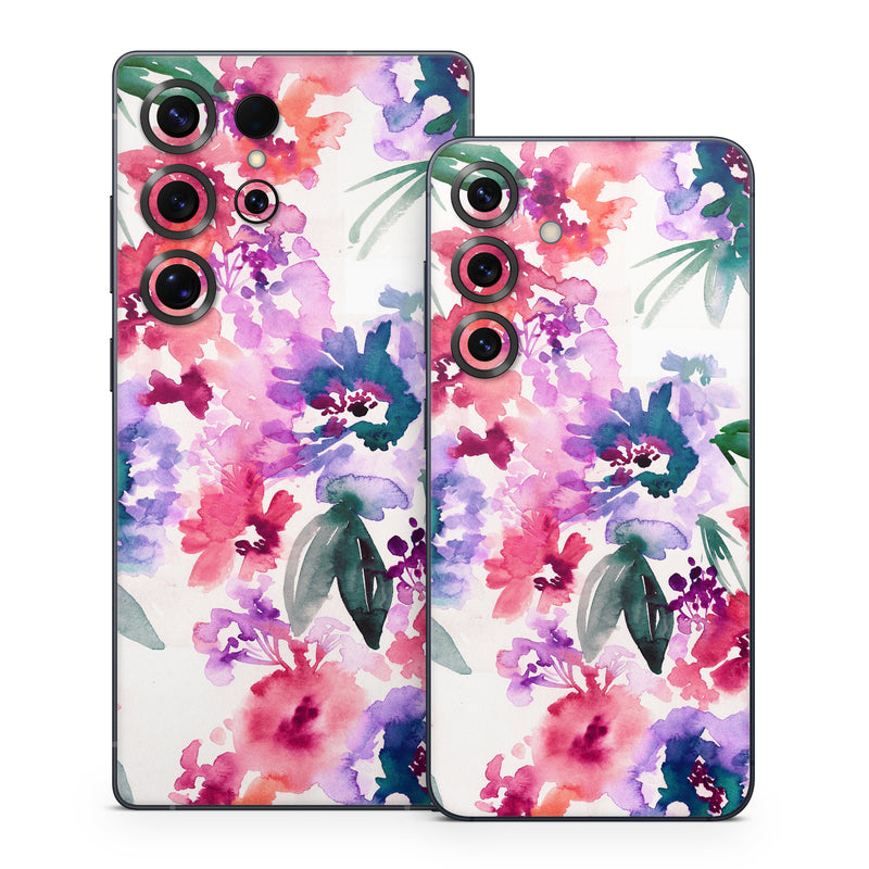 Samsung Galaxy S25 Series Skin design of Purple, Pattern, Pink, Lilac, Violet, Flower, Watercolor paint, Floral design, Plant, Design, with green, pink, red, purple, white colors