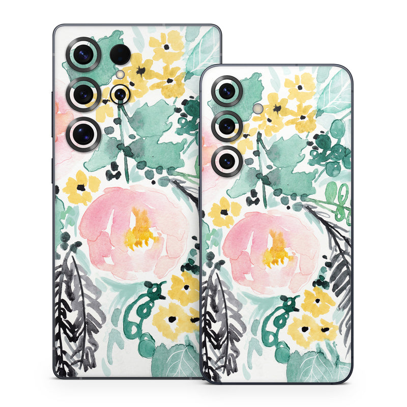 Samsung Galaxy S25 Series Skin design of Branch, Clip art, Watercolor paint, Flower, Leaf, Botany, Plant, Illustration, Design, Graphics, with green, pink, red, orange, yellow colors