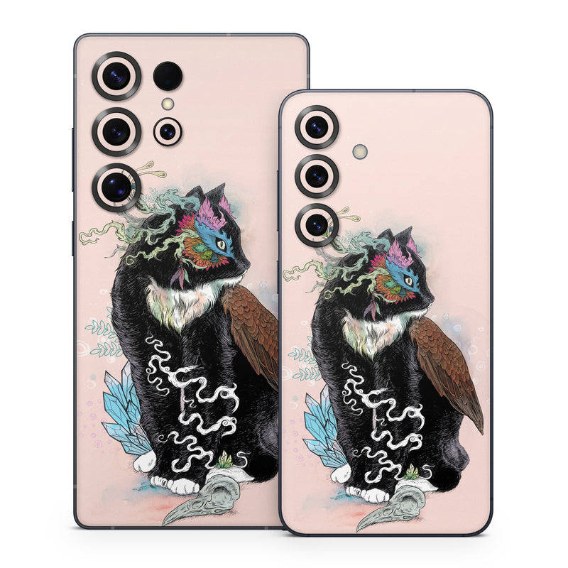 Samsung Galaxy S25 Series Skin design of Illustration, Owl, Art, Graphic design, Cat, Tail, with pink, black, brown, red, green colors