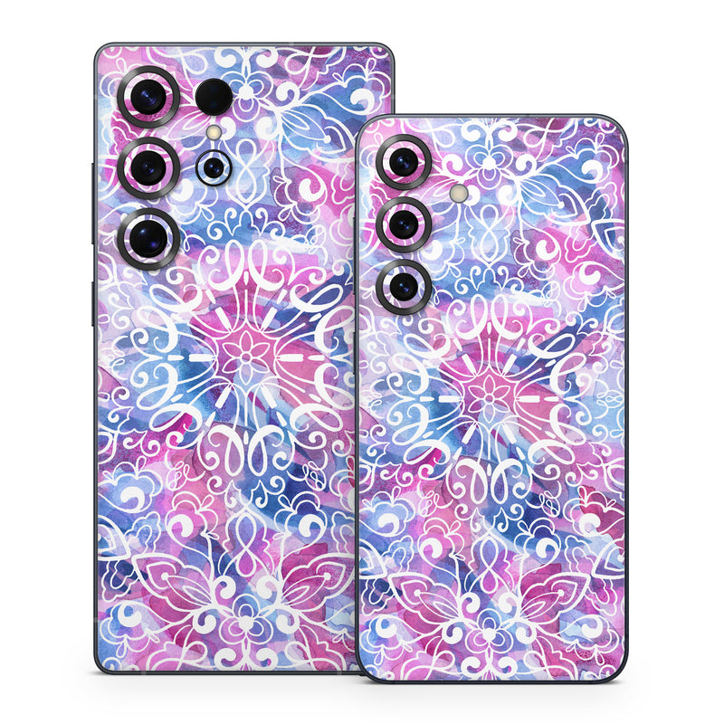 Samsung Galaxy S25 Series Skin design of Pattern, Pink, Lilac, Design, Textile, Visual arts, Motif, Floral design, Plant, with blue, pink, purple, white colors