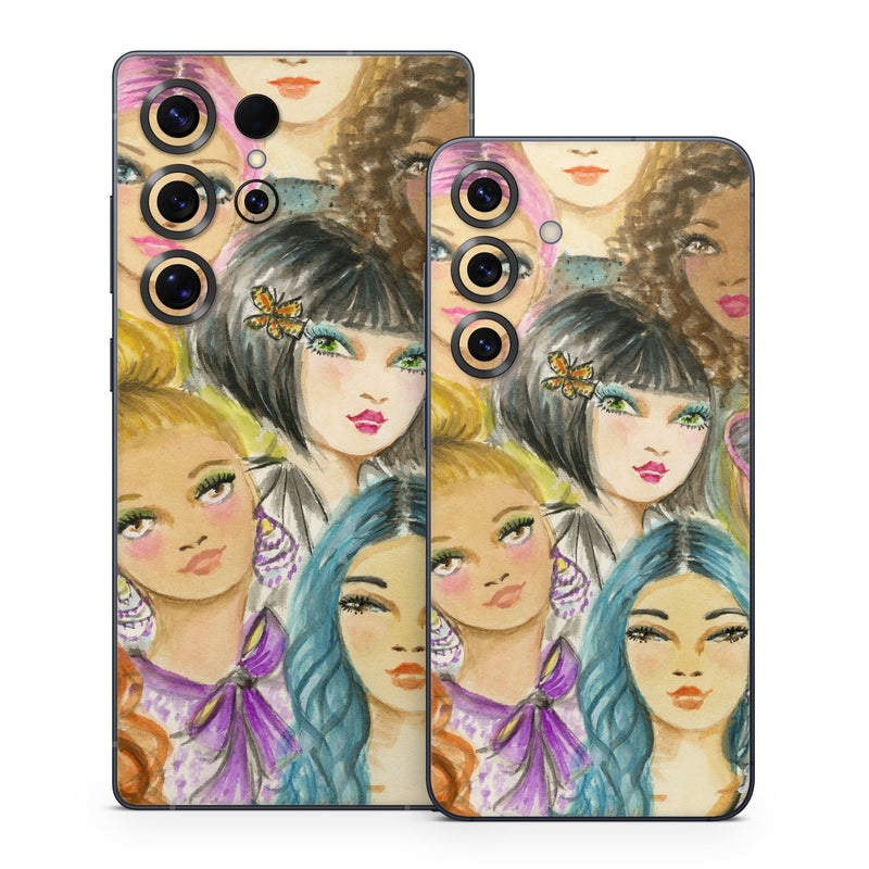 Samsung Galaxy S25 Series Skin design of Face, Hair, Head, Art, Hair coloring, Cheek, Illustration, Human, Watercolor paint, Brown hair, with white, black, brown, yellow, purple, blue, pink colors
