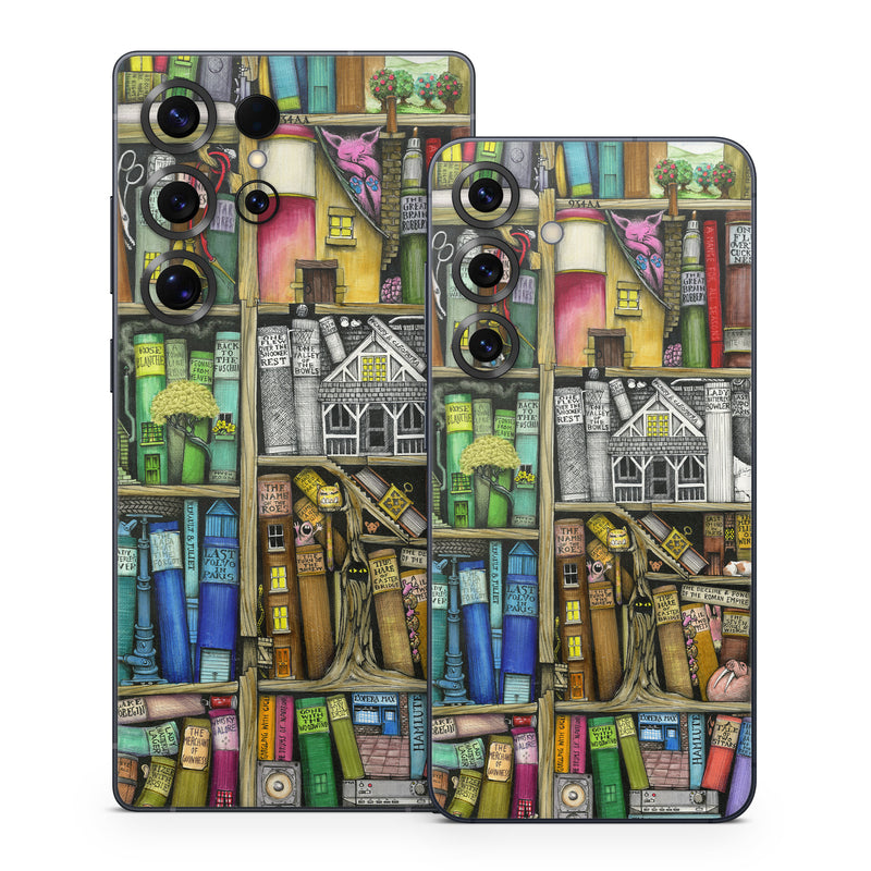Samsung Galaxy S25 Series Skin design of Collection, Art, Visual arts, Bookselling, Shelving, Painting, Building, Shelf, Publication, Modern art, with brown, green, blue, red, pink colors