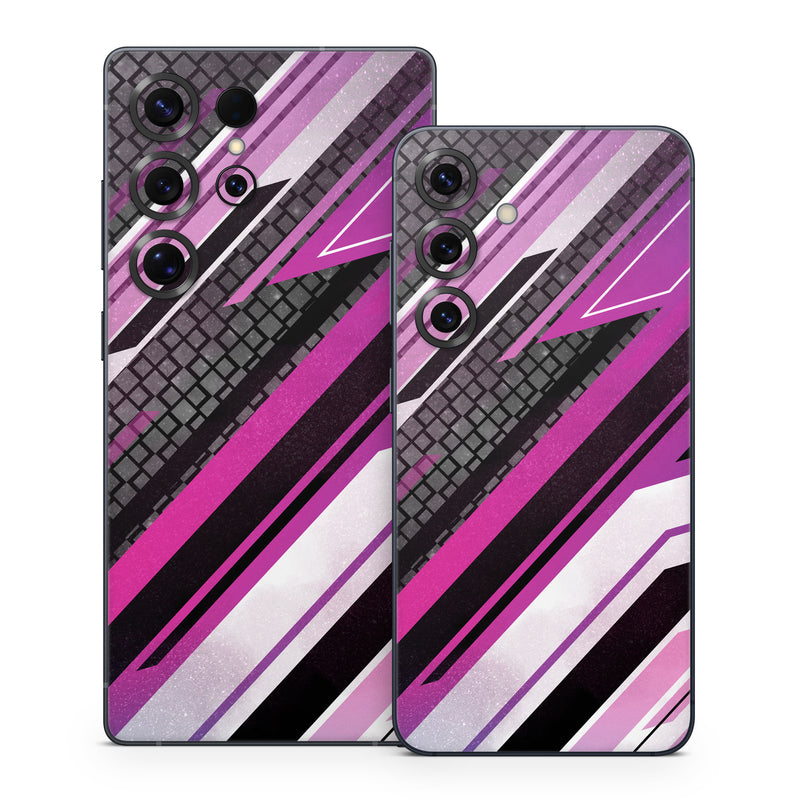 Samsung Galaxy S25 Series Skin design of Automotive lighting, Hood, Grille, Purple, Automotive design, Automotive exterior, Violet, Motor vehicle, Pink, Line, with black, purple, white, gray, pink colors