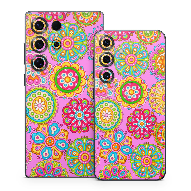 Samsung Galaxy S25 Series Skin design of Pattern, Design, Textile, Visual arts, Wrapping paper, Motif, Pedicel, with pink, red, orange, yellow, green, blue, purple colors