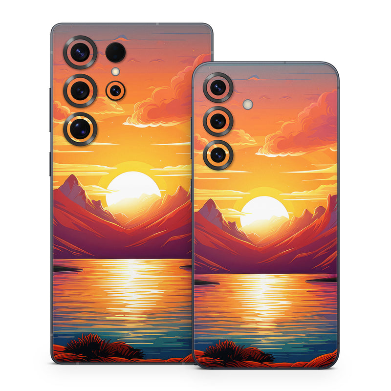 Samsung Galaxy S25 Series Skin design of Water, Cloud, Sky, Ecoregion, Afterglow, Light, World, Nature, Natural landscape, Mountain, with red, orange, yellow, blue, purple colors