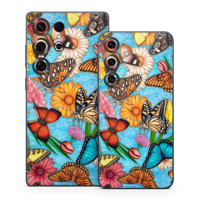 Samsung Galaxy S25 Series Skin design of Cynthia (subgenus), Butterfly, Monarch butterfly, Moths and butterflies, Brush-footed butterfly, Pollinator, Insect, Pattern, Design, Organism, with blue, pink, orange, yellow, red colors