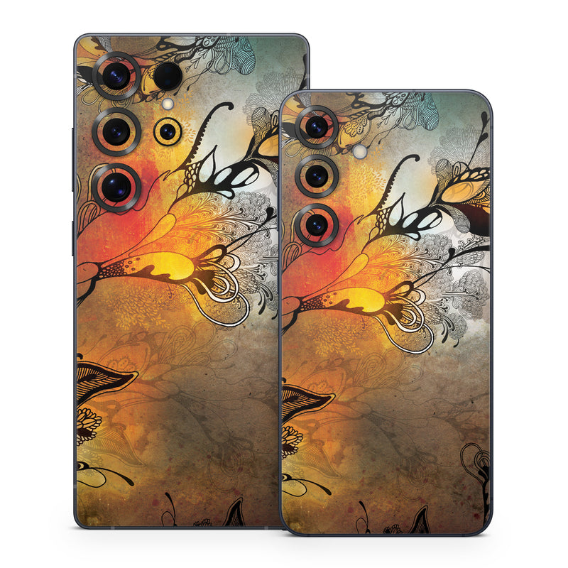 Samsung Galaxy S25 Series Skin design of Yellow, Orange, Art, Branch, Leaf, Graphic design, Visual arts, Pattern, Design, Modern art, with black, red, orange, yellow colors