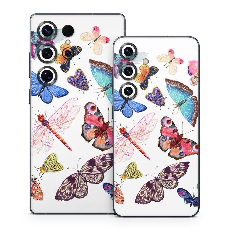 Samsung Galaxy S25 Series Skin design of Butterfly, Pollinator, Insect, Arthropod, Organism, Moths and butterflies, Art, Symmetry, Wing, Illustration, with white, blue, green, red, yellow, orange, pink, brown, purple colors