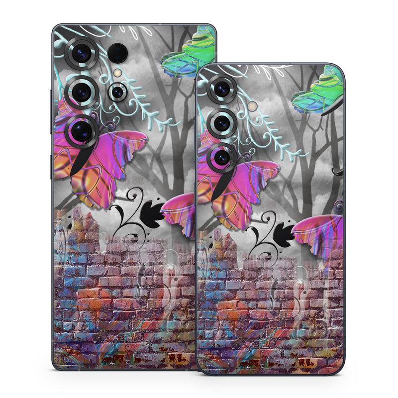 Samsung Galaxy S25 Series Skin design of Purple, Graphic design, Art, Pattern, Graffiti, Organism, Street art, Wall, Font, Illustration, with red, black, gray, purple, orange, blue, green colors